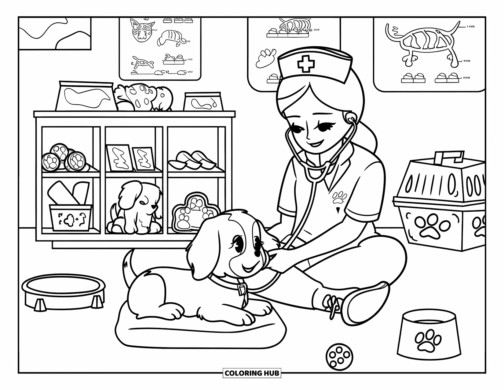 Nurse Coloring Page for Kids: A sweet nurse uses a stethoscope to check a playful puppy's heartbeat