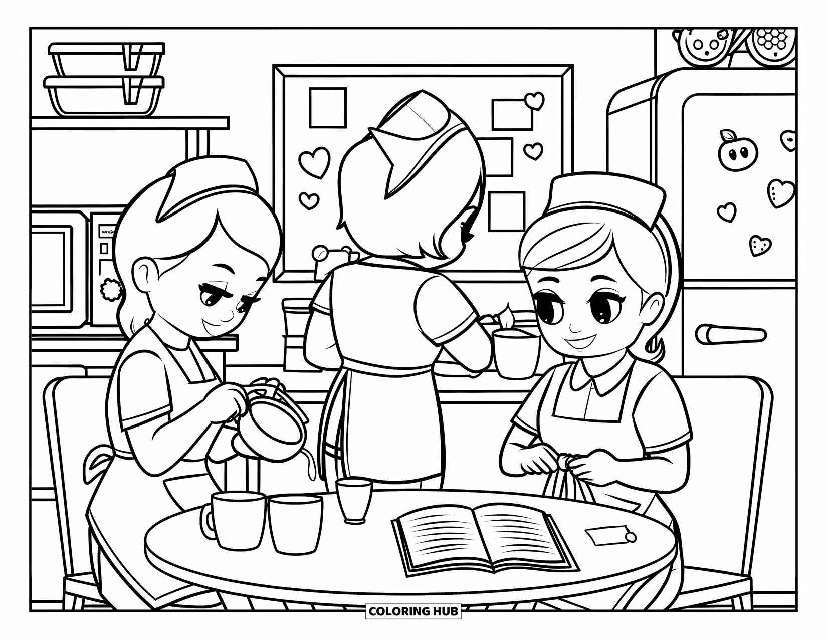 Nurse Coloring Page for Kids: Three cheerful nurses enjoy tea and teamwork in their cozy break room