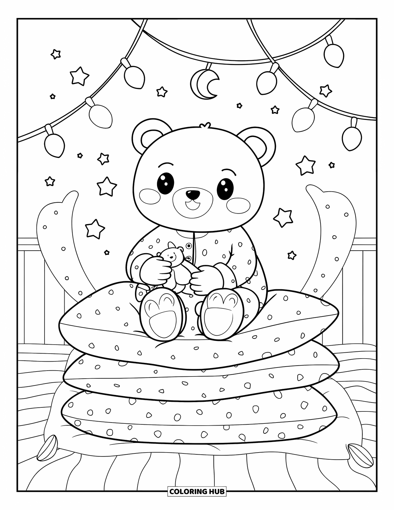 Pajama Coloring Page for Adults: Bear in pajamas sitting on pillows under twinkling fairy lights