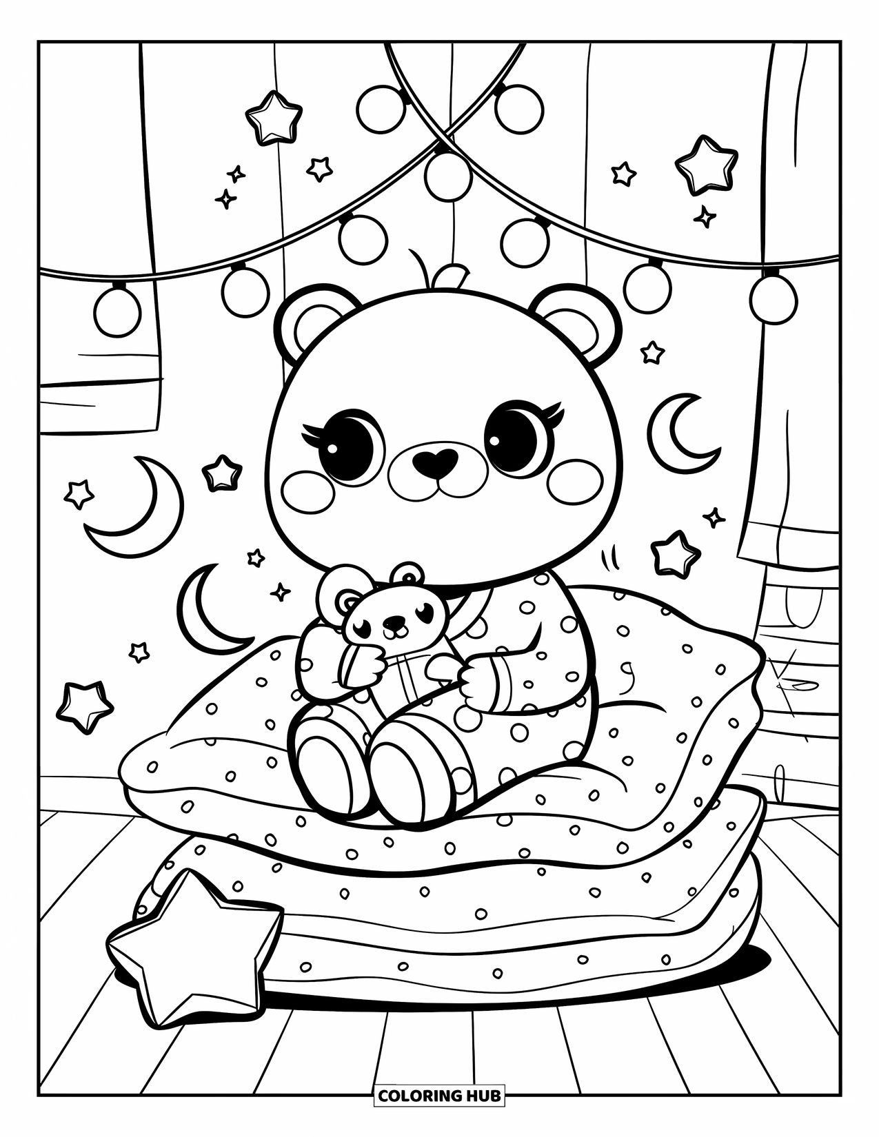Pajama Coloring Page for Adults: Bear resting on fluffy pillows beneath twinkling fairy lights