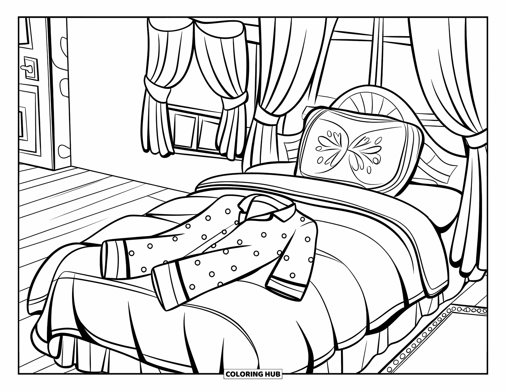 Pajama Coloring Page for Adults: Bed with decorative pillows and pajamas in a cozy room