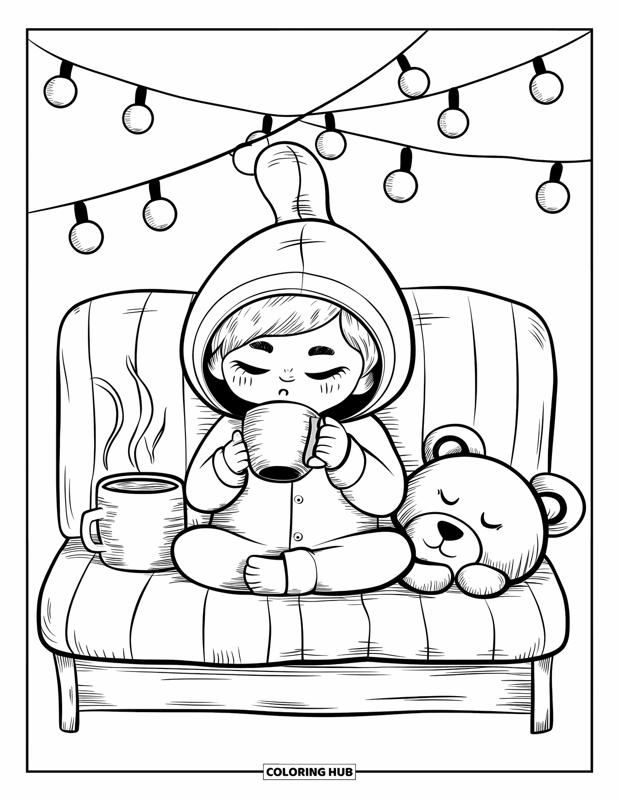 Pajama Coloring Page for Adults: Child on a futon sipping from a mug beside a teddy bear