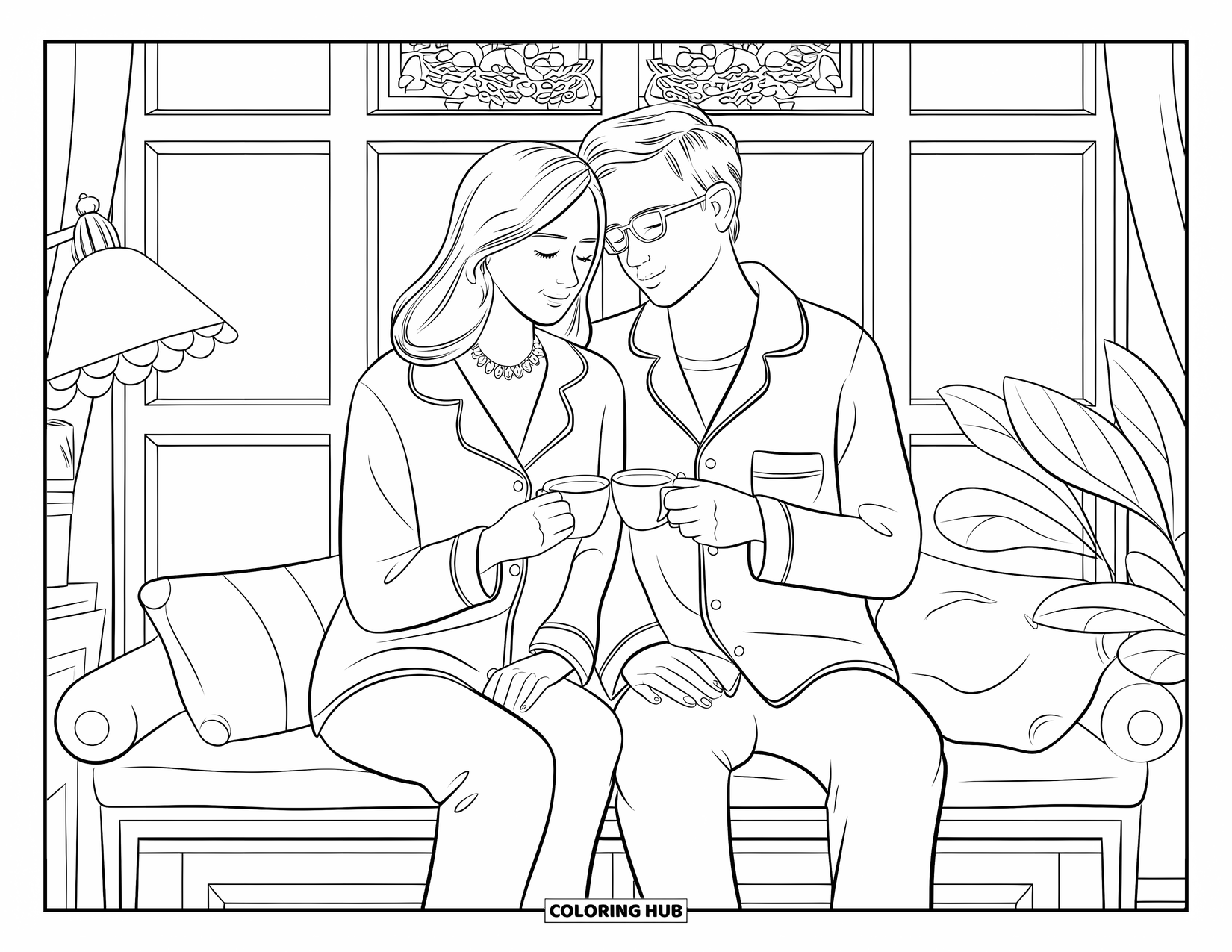 Pajama Coloring Page for Adults: Couple relaxing on a window bench with coffee and soft light