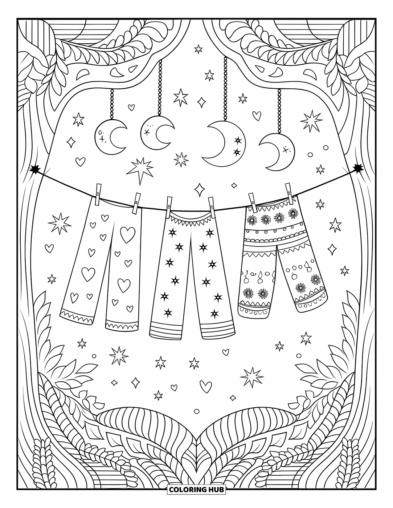 Pajama Coloring Page for Adults: Floral pajamas hanging between trees beneath a starry night sky