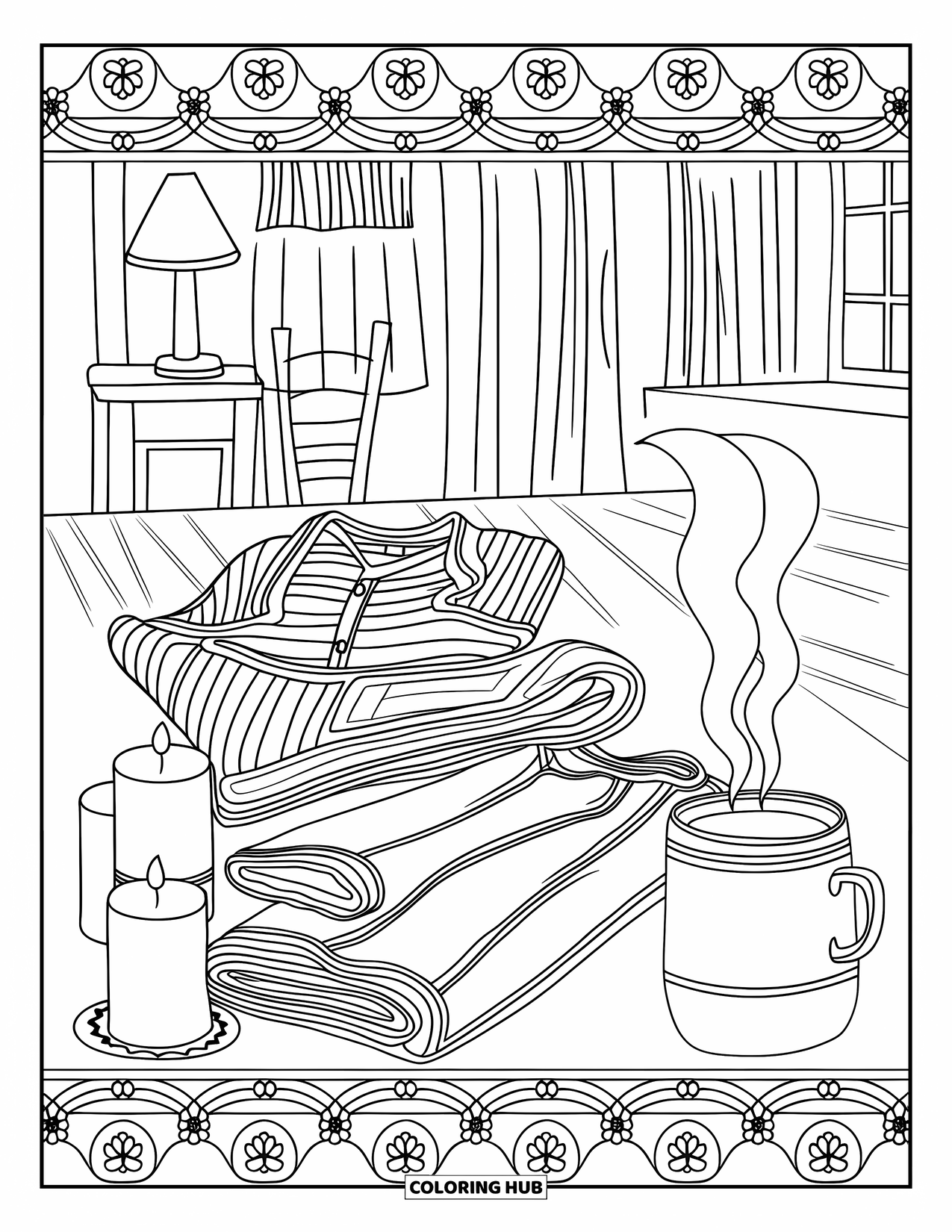 Pajama Coloring Page for Adults: Folded pajamas, candles, and a steaming mug in a calm bedroom