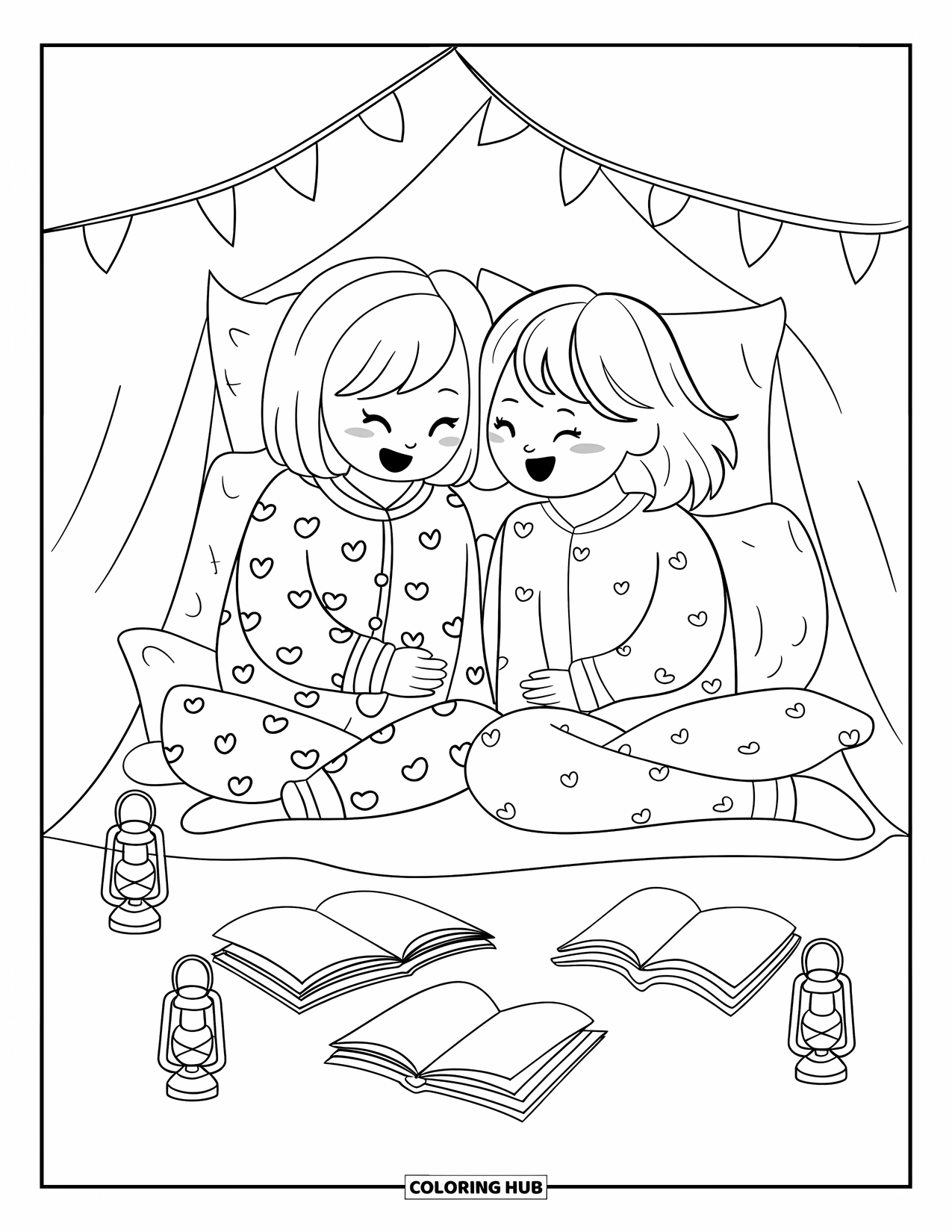 Pajama Coloring Page for Adults: Friends reading and laughing together inside a pillow fort