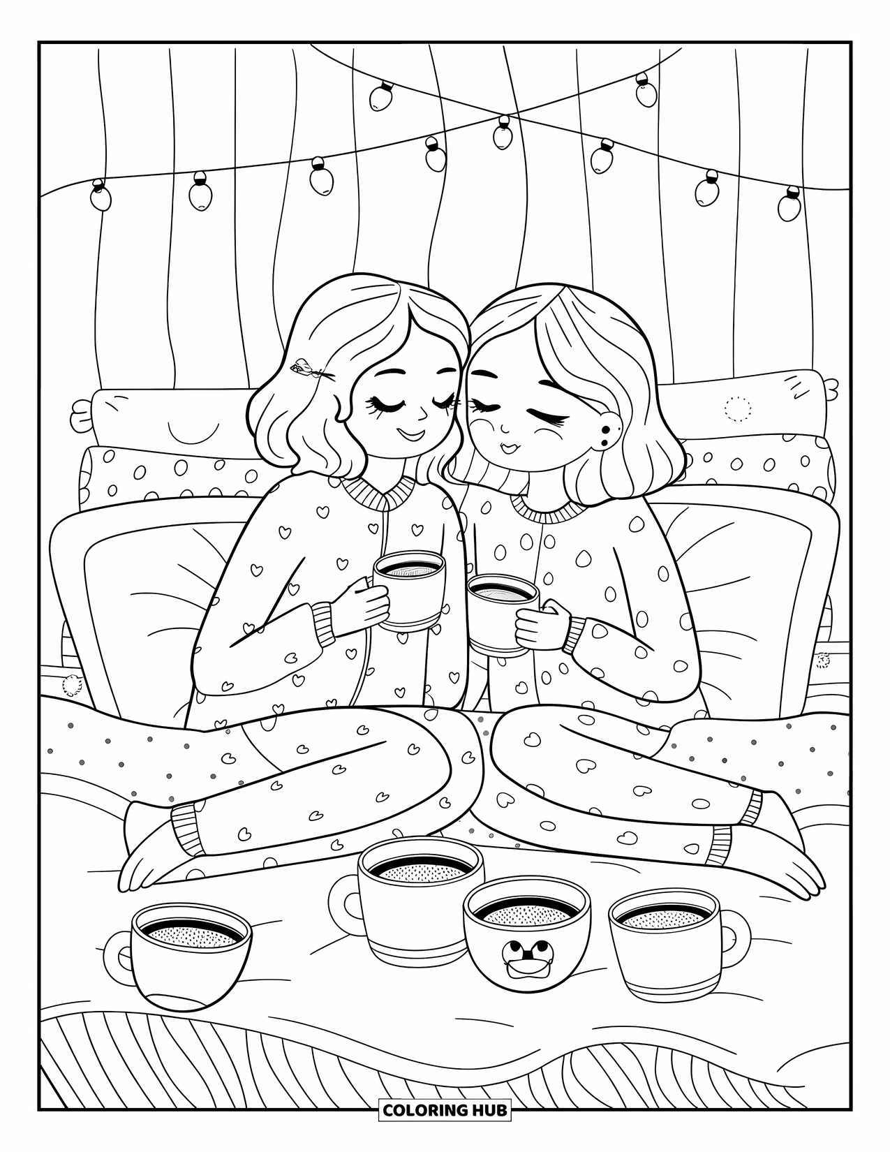 Pajama Coloring Page for Adults: Friends talking on a cozy bed with cocoa and fairy lights