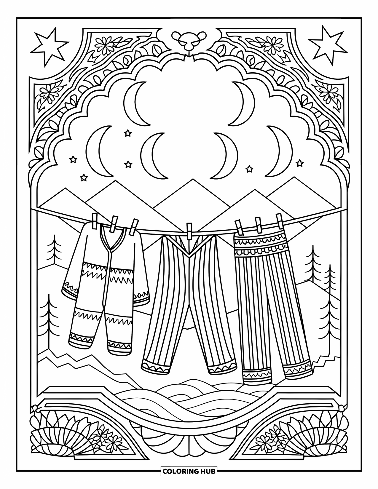 Pajama Coloring Page for Adults: Hanging pajamas on a clothesline under crescent moons