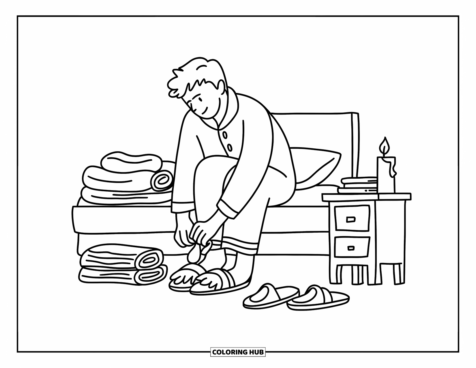 Pajama Coloring Page for Adults: Man in pajamas tying slippers in a cute cozy room