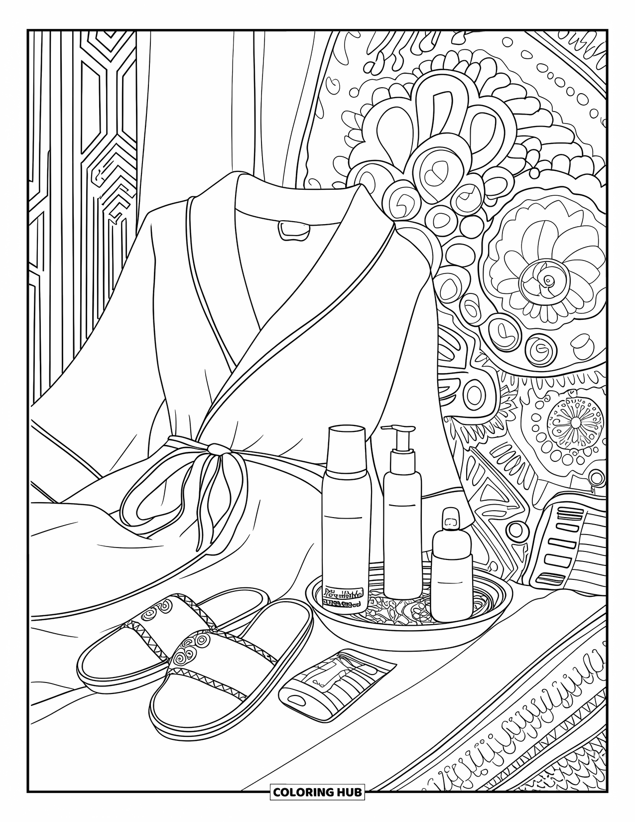 Pajama Coloring Page for Adults: Peaceful scene with robe, slippers, and night essentials