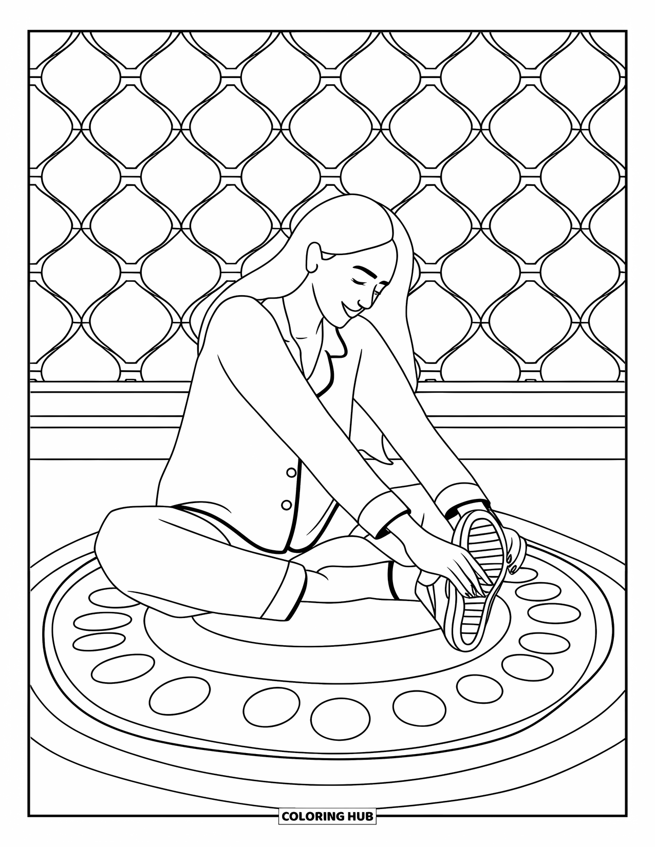 Pajama Coloring Page for Adults: Woman in pajamas stretching on a soft patterned rug