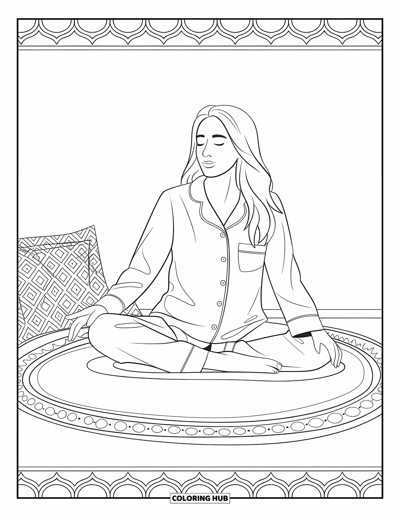 Pajama Coloring Page for Adults: Woman sitting on a rug doing morning stretches peacefully