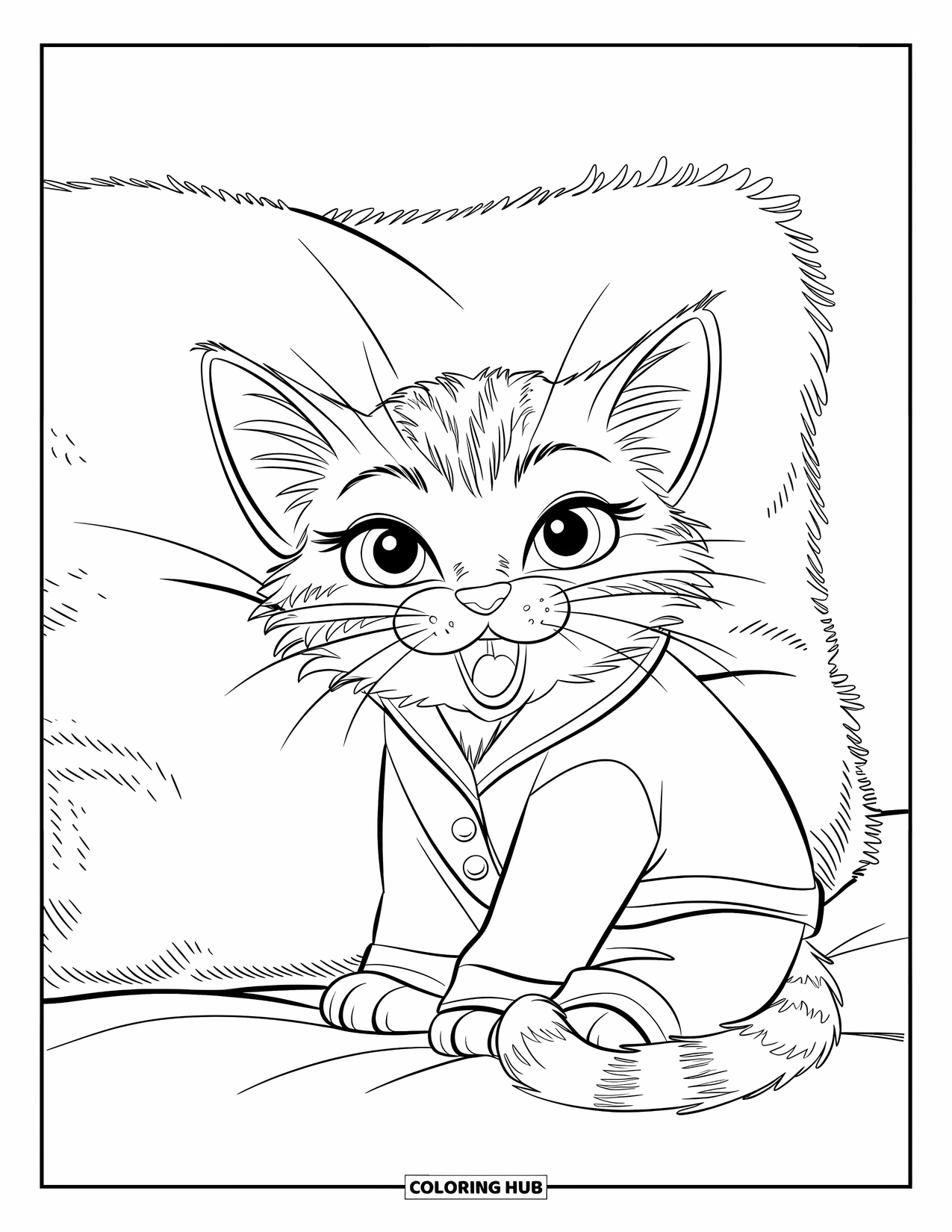 Pajama Coloring Page for Kids: Cat in pajamas yawning beside a soft pillow