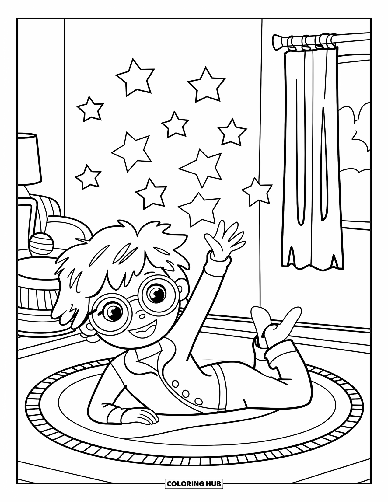 Pajama Coloring Page for Kids: Child in pajamas drawing stars while lying on the floor