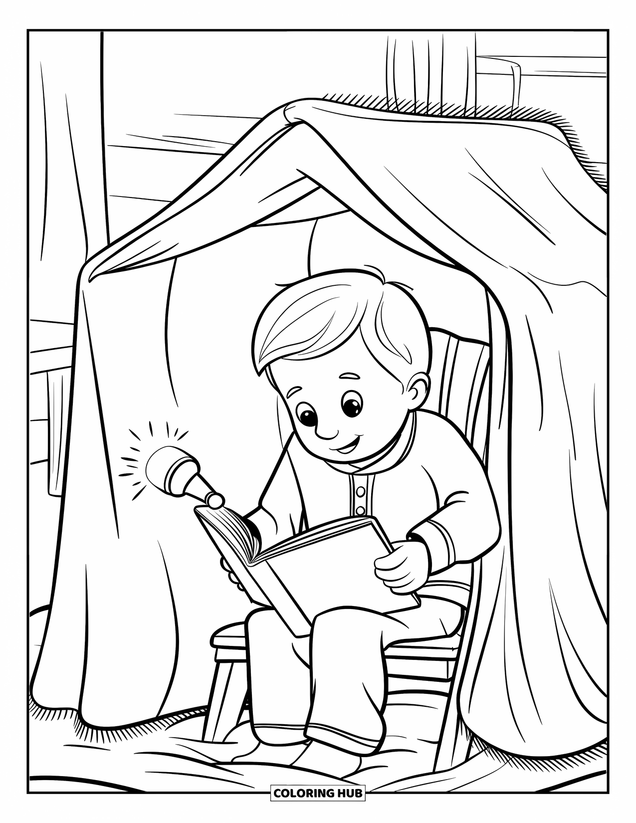 Pajama Coloring Page for Kids: Child reading with a flashlight inside a blanket fort