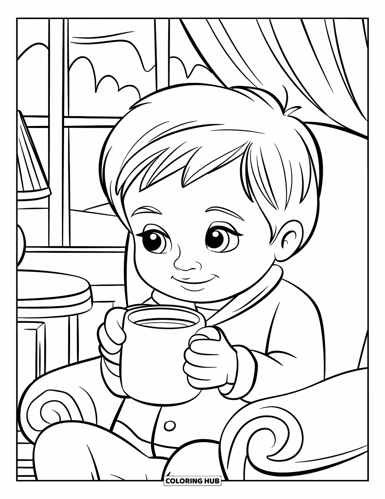 Pajama Coloring Page for Kids: Child sitting by a window holding a mug before bed