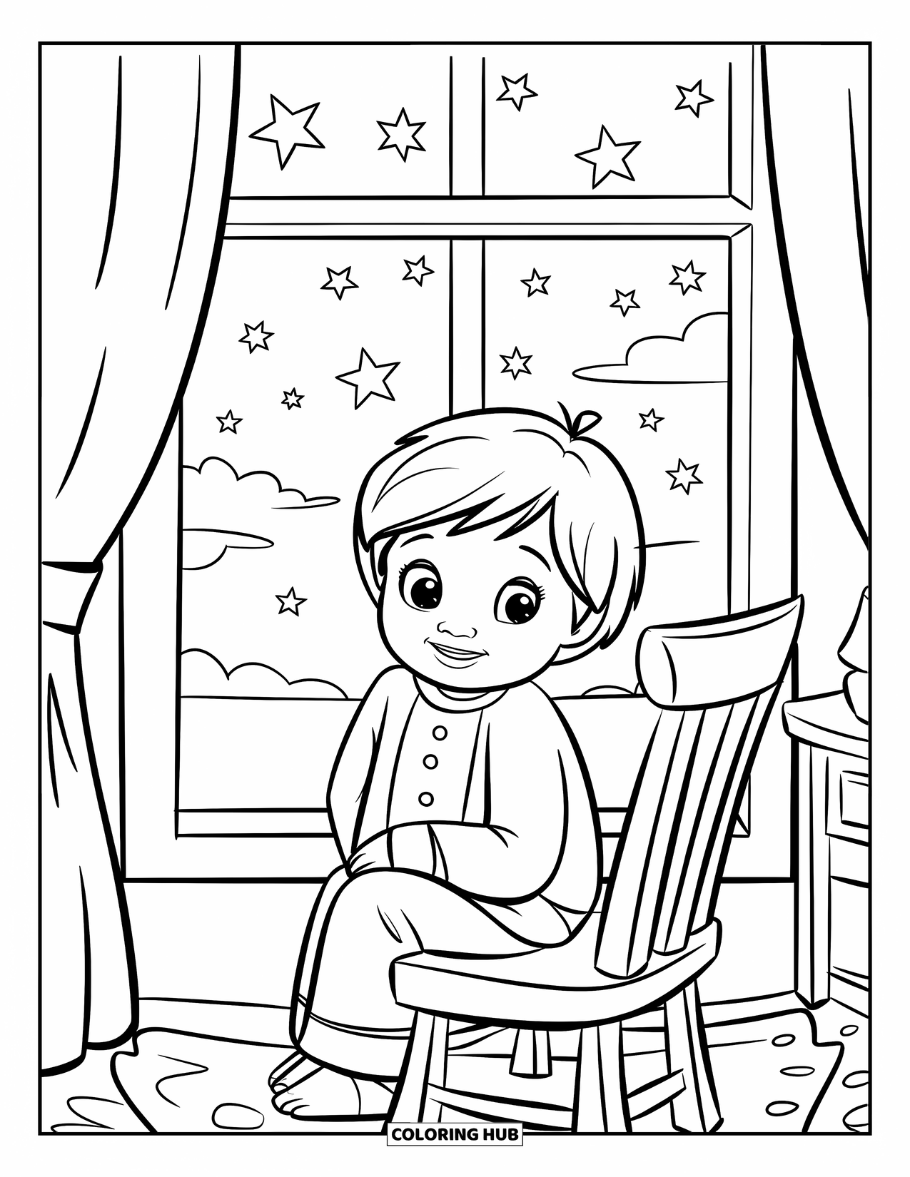 Pajama Coloring Page for Kids: Child sitting by the window watching stars at night