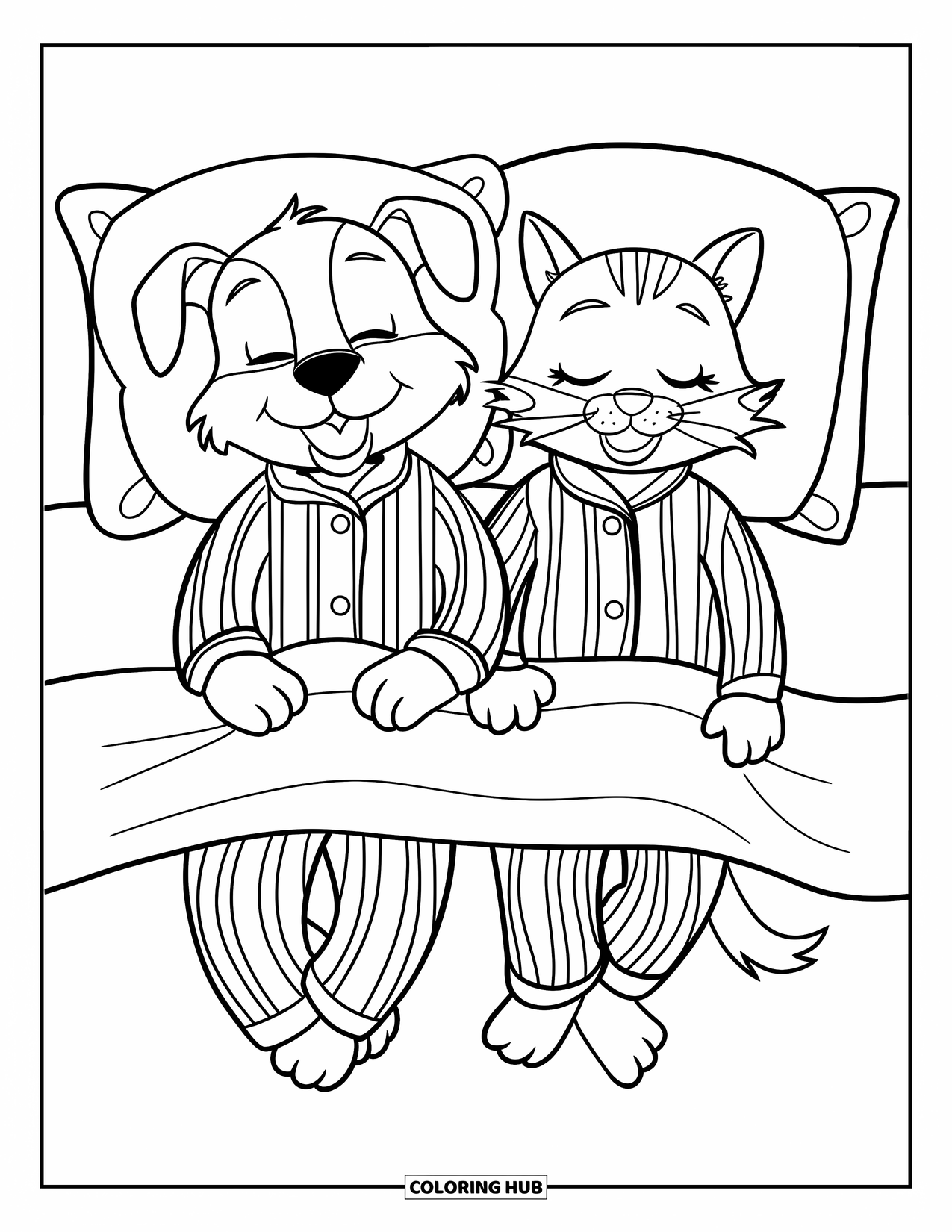 Pajama Coloring Page for Kids: Dog and cat in striped pajamas sleeping side by side