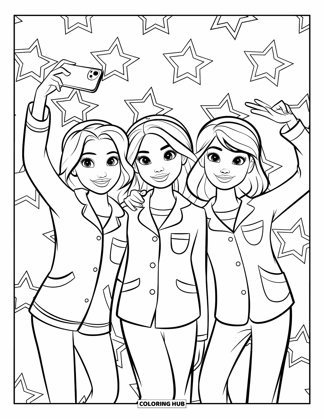 Pajama Coloring Page for Kids: Friends in matching pajamas taking a selfie under a starry pattern