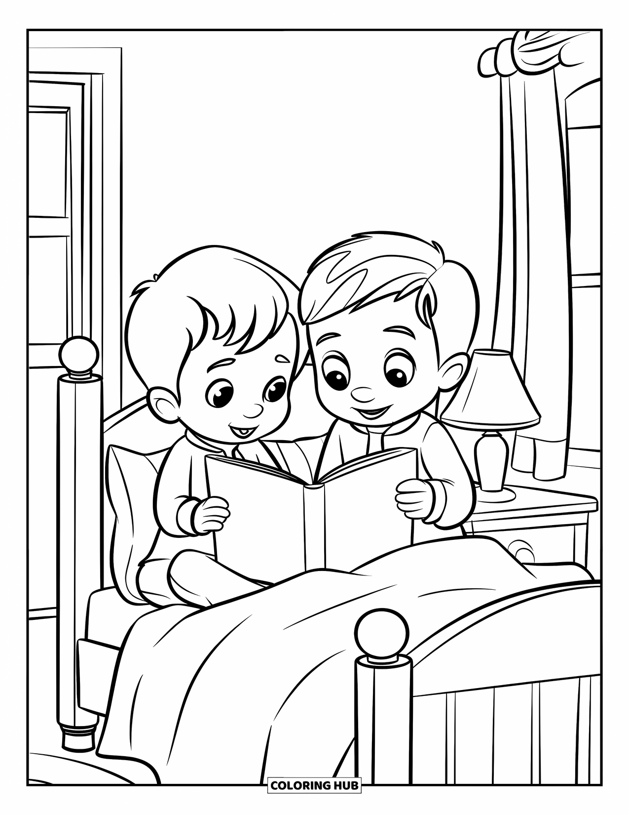 Pajama Coloring Page for Kids: Kids reading a bedtime story on a cozy bed