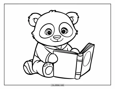 Desen de colorat cu pijamale pentru copii: Urs panda în pijamale stând lângă o carte de citit înainte de somn