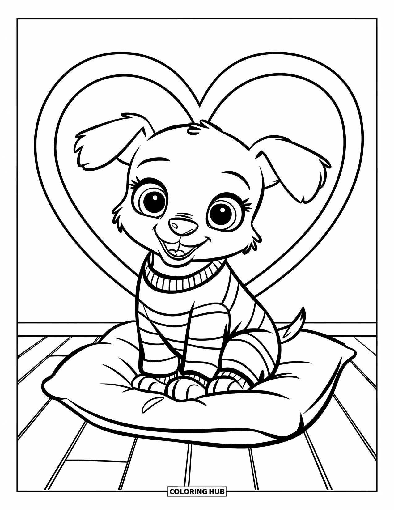 Pajama Coloring Page for Kids: Puppy in pajamas resting on a pillow with a heart window