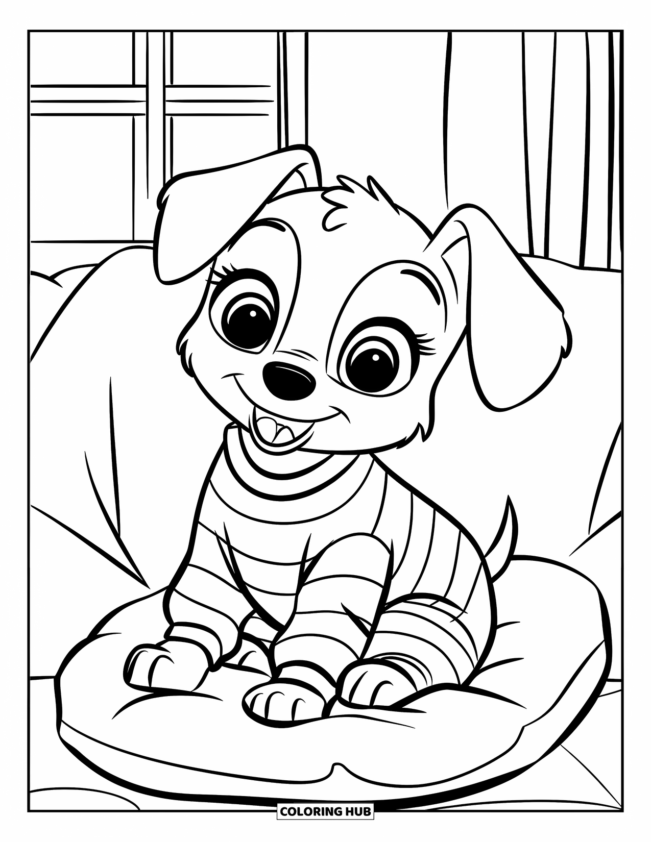 Pajama Coloring Page for Kids: Puppy in striped pajamas sitting on a soft pillow