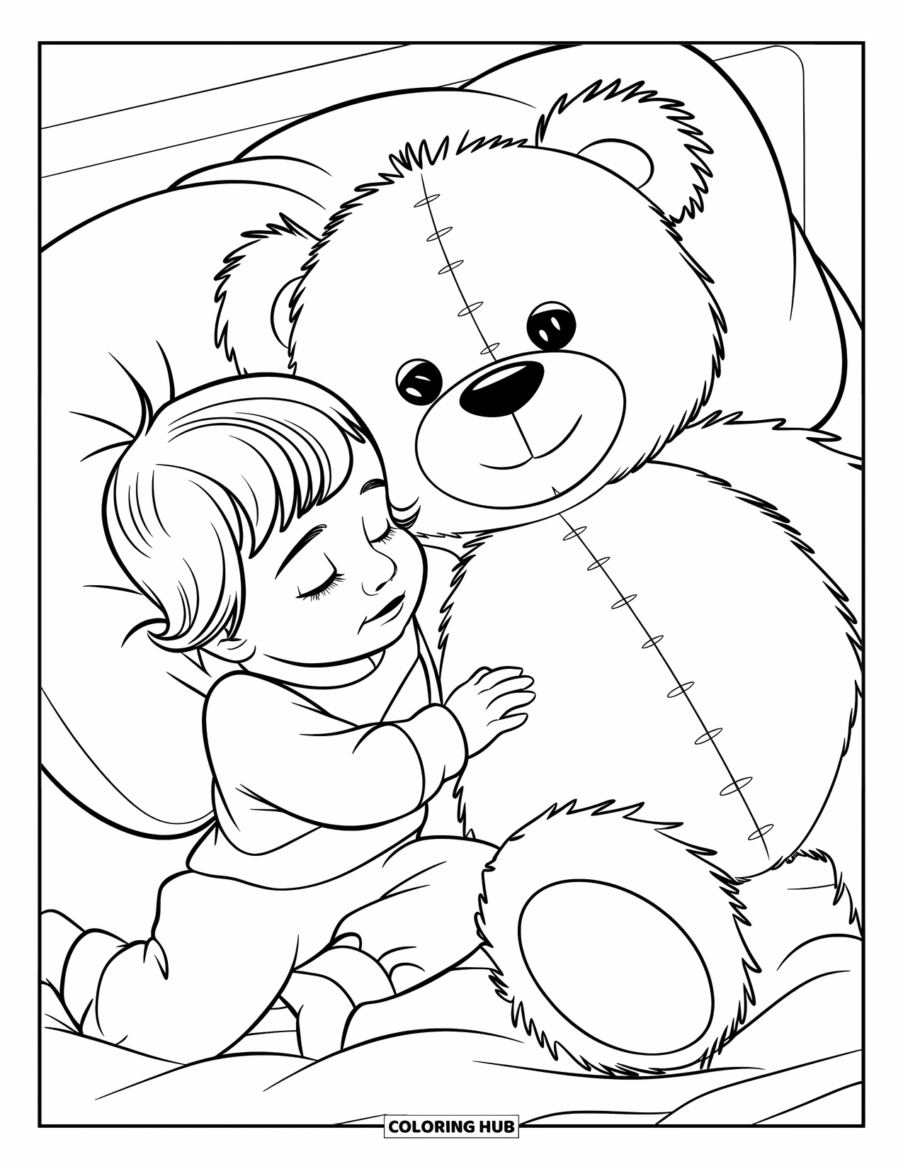 Pajama Coloring Page for Kids: Sleeping toddler cuddling a teddy bear peacefully