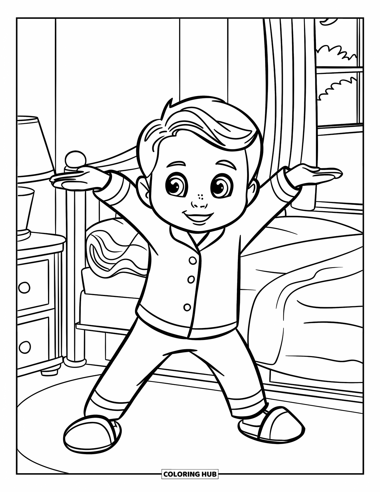 Pajama Coloring Page for Kids: Smiling boy stretching beside his bed before bedtime