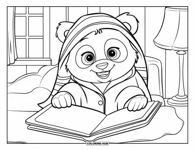 Desen de colorat cu pijamale pentru copii: Urs panda zâmbitor în pijamale relaxându-se cu o carte de citit