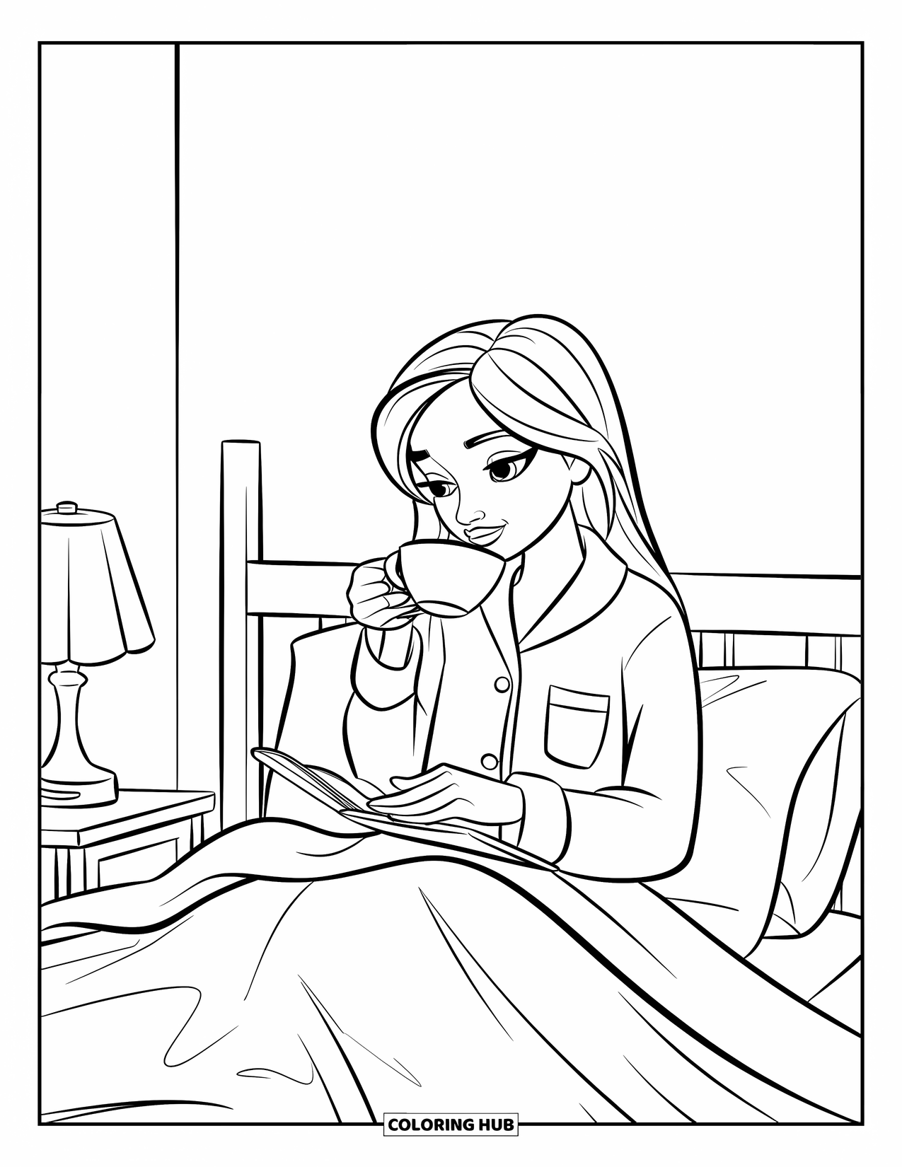 Pajama Coloring Page for Kids: Teen enjoying tea and journaling in bed with a lamp nearby