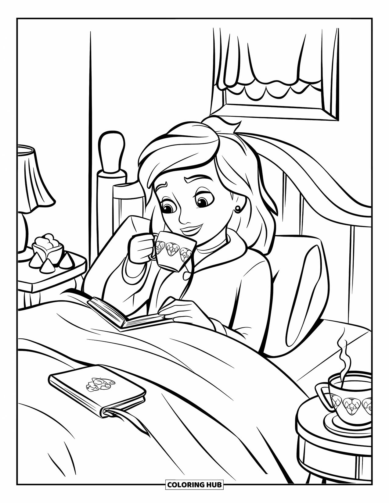Pajama Coloring Page for Kids: Teen in bed sipping tea and writing in a journal