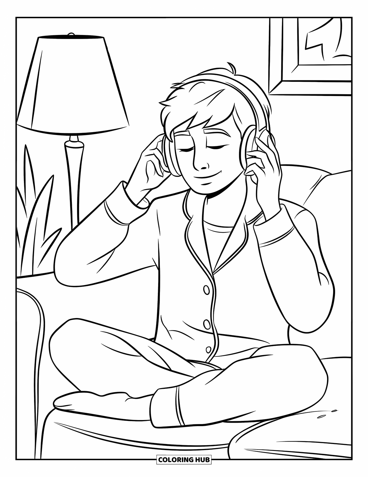 Pajama Coloring Page for Kids: Teen relaxing on a couch and listening to music