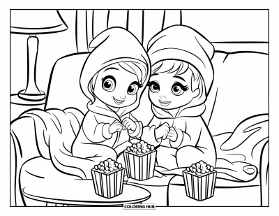 Desen de colorat cu pijamale pentru copii: Doi prieteni mâncând popcorn pe canapea în timpul serii de film
