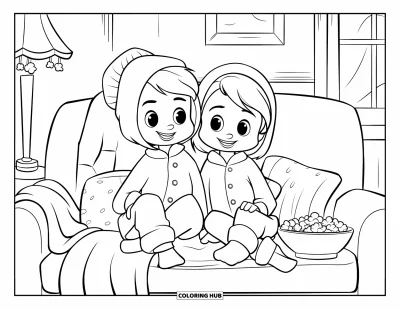 Desen de colorat cu pijamale pentru copii: Doi prieteni în pijamale împărțind popcorn în timpul unei seri de film relaxante