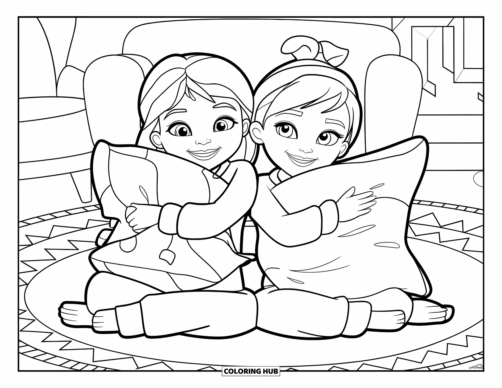 Pajama Coloring Page for Kids: Two friends smiling and hugging their pillows happily