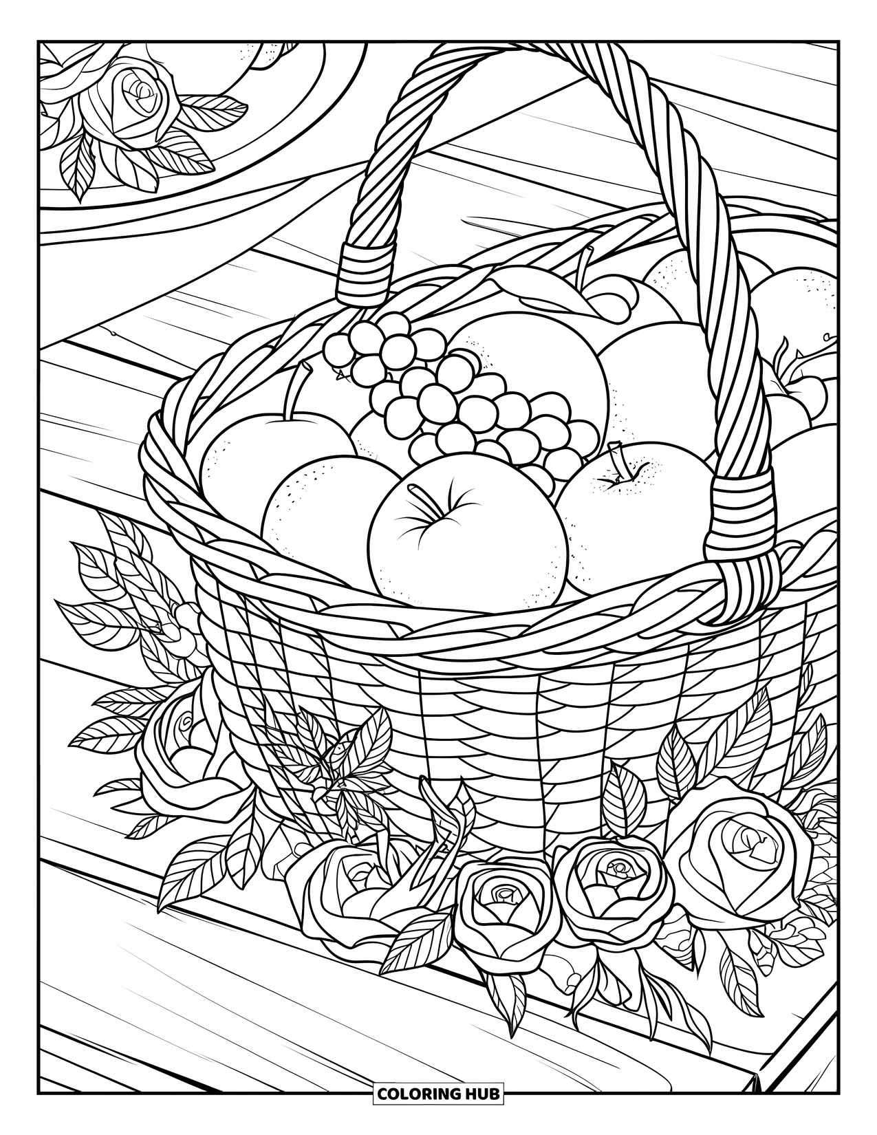 Picnic Coloring Page for Adults: A fruit basket with roses and leaves on a wooden table