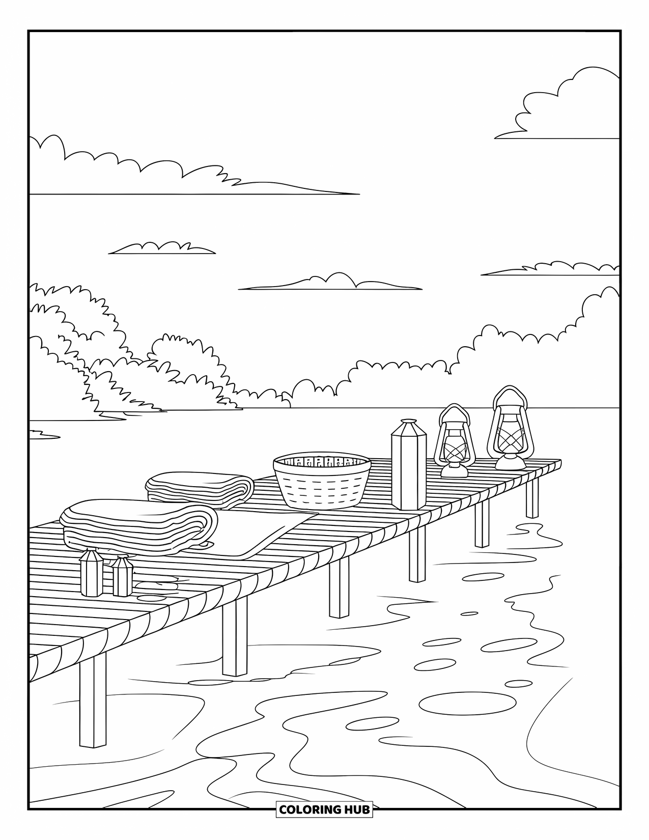 Picnic Coloring Page for Adults: A lakeside pier picnic with blankets, lanterns, and rippling water