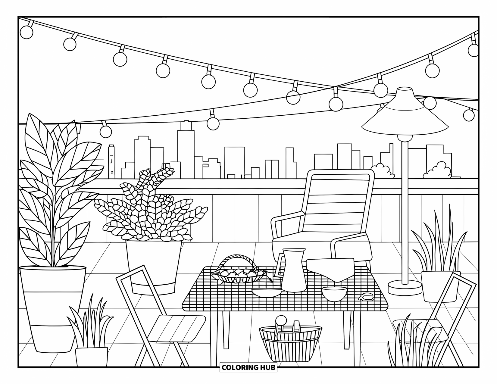Picnic Coloring Page for Adults: A rooftop picnic with plants, string lights, and a city skyline view