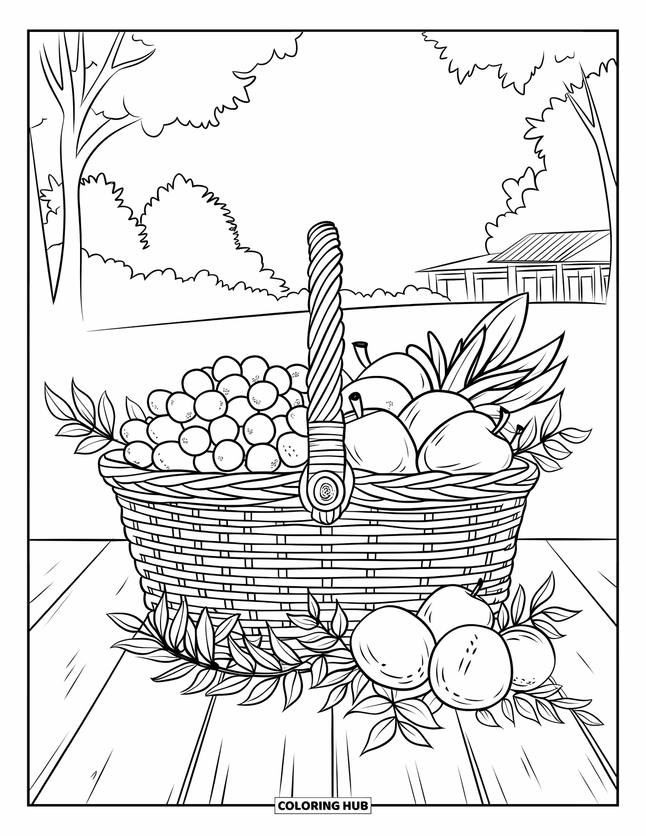 Picnic Coloring Page for Adults: A woven picnic basket overflowing with fruits and flowers on a table