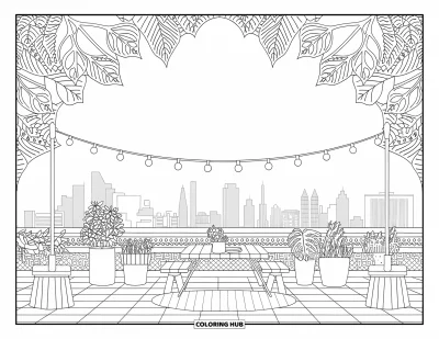 Picnic Coloring Page for Adults: An urban rooftop picnic with potted plants, lights, and tall buildings