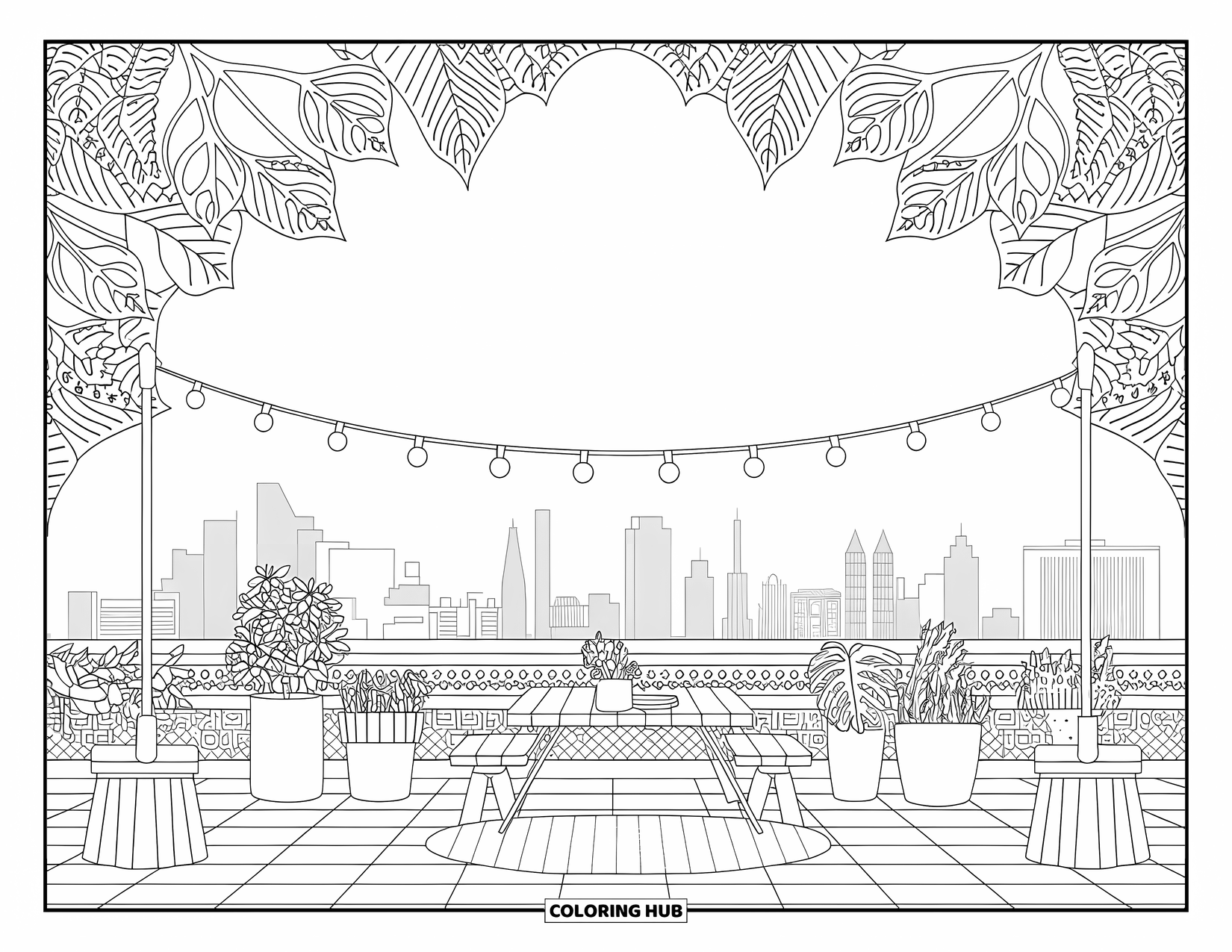 Picnic Coloring Page for Adults: An urban rooftop picnic with potted plants, lights, and tall buildings