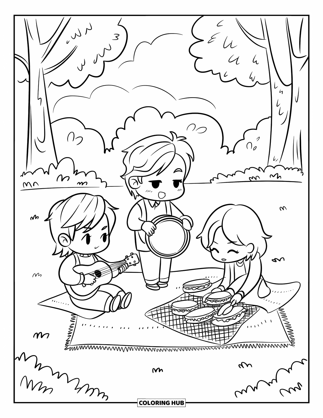 Picnic Coloring Page for Adults: Three chibi musicians playing instruments and sharing food in a park