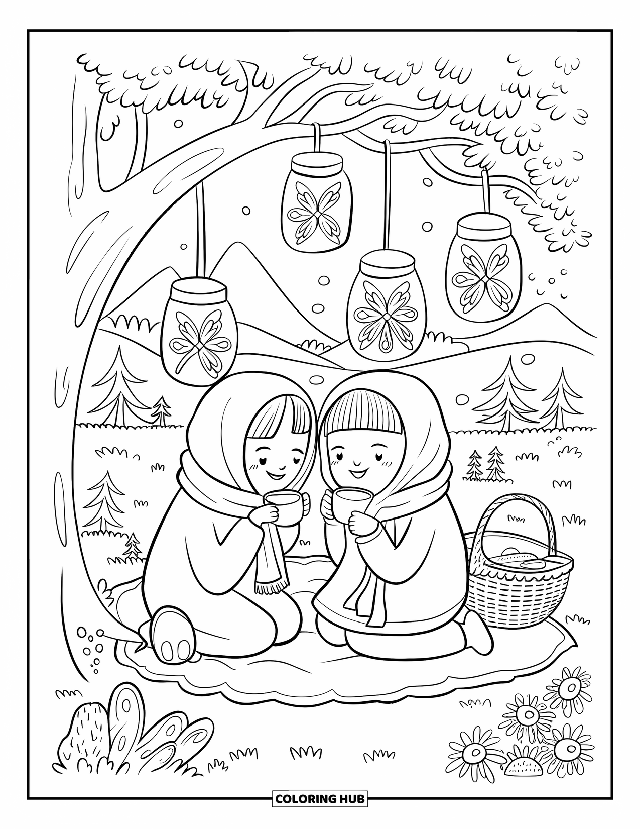 Picnic Coloring Page for Adults: Two friends sipping tea under a tree glowing with firefly jars