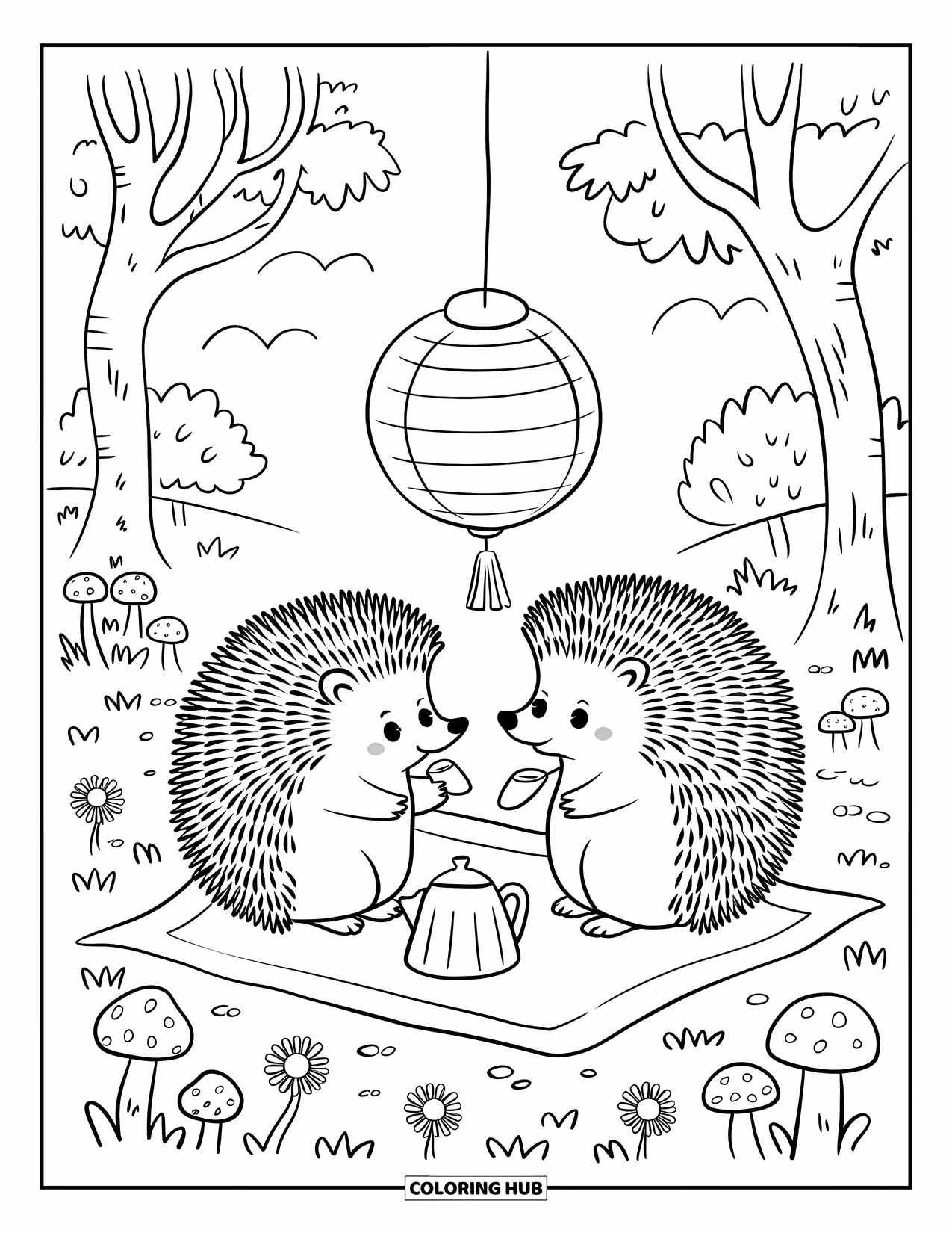 Picnic Coloring Page for Adults: Two hedgehogs enjoying a picnic under a lantern in a flower meadow
