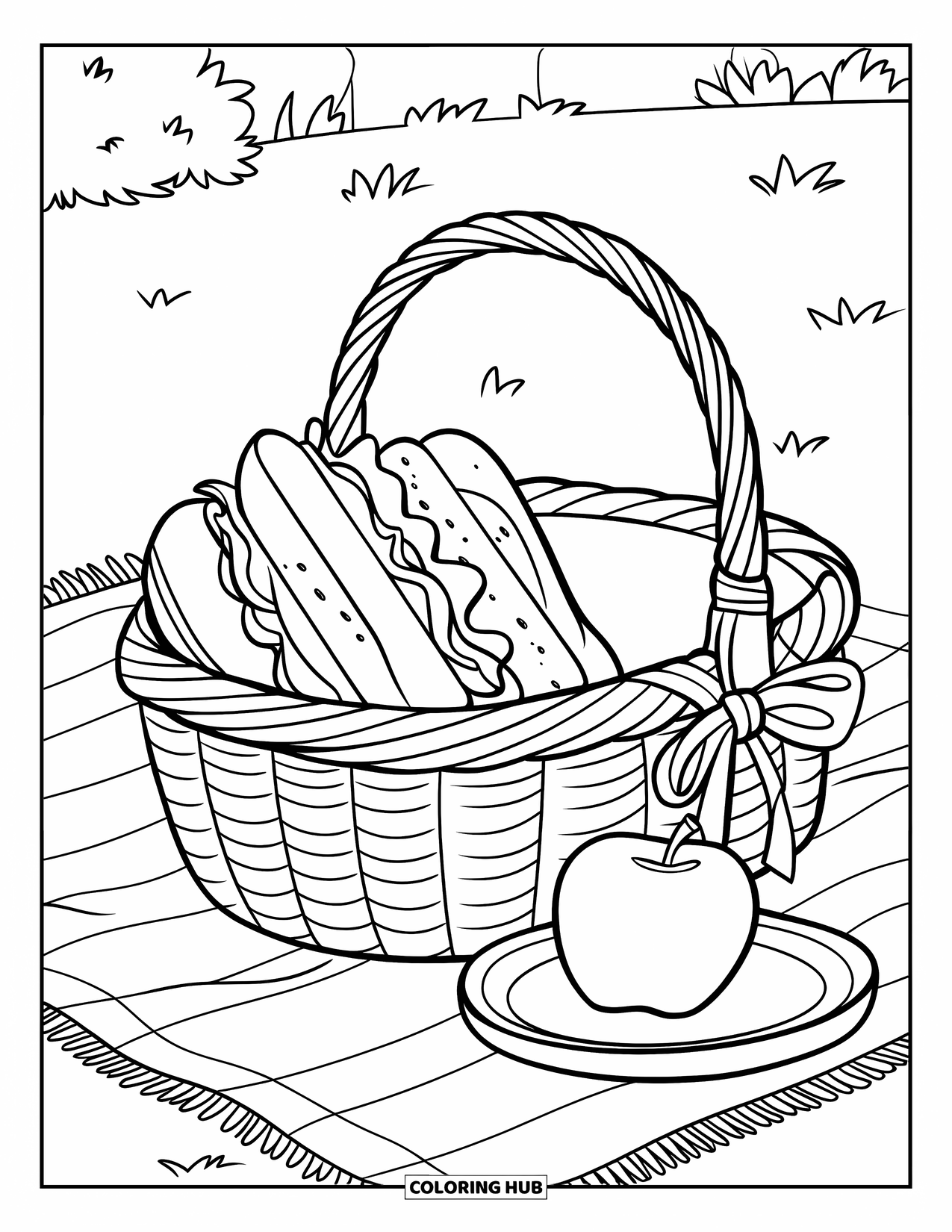 Picnic Coloring Page for Kids: A basket with a sandwich and apple in a grassy field