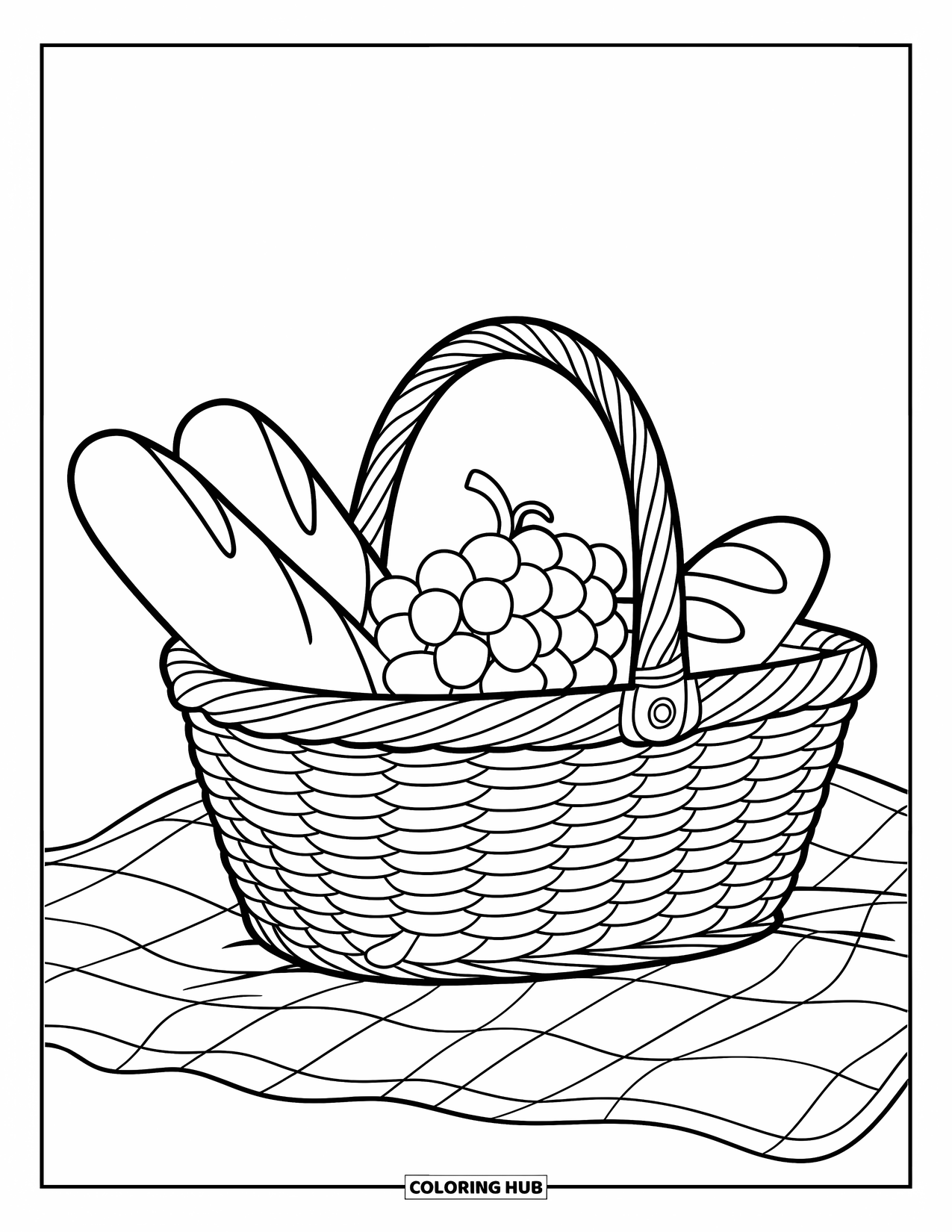 Picnic Coloring Page for Kids: A basket with bread and grapes on a picnic blanket