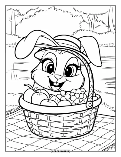 Picnic Coloring Page for Kids: A bunny peeking behind a fruit-filled picnic basket