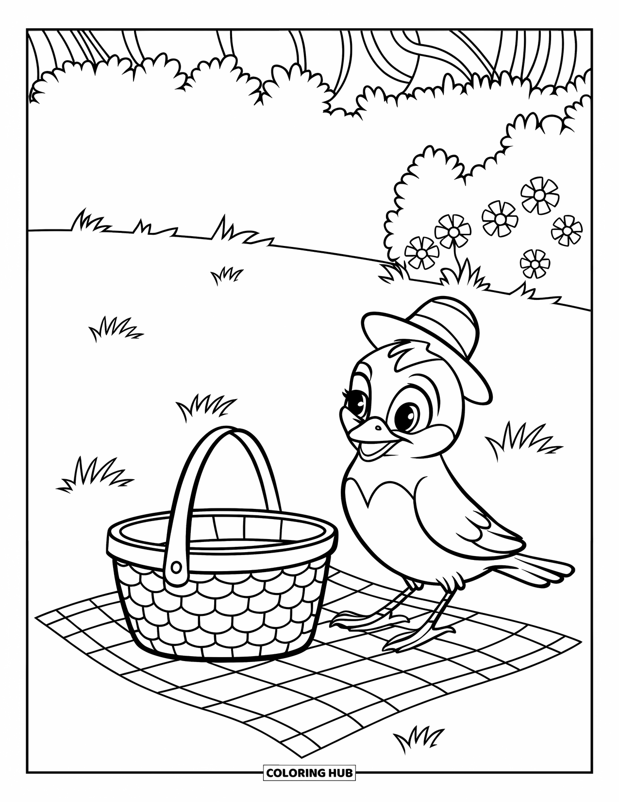 Picnic Coloring Page for Kids: A cheerful bird with a hat beside a picnic basket and flowers