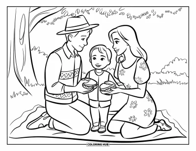 Picnic Coloring Page for Kids: A family of three enjoying sandwiches together on a picnic blanket under a tree